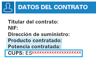 Image: "Contract data" section where you can find the CUPS code on the invoice